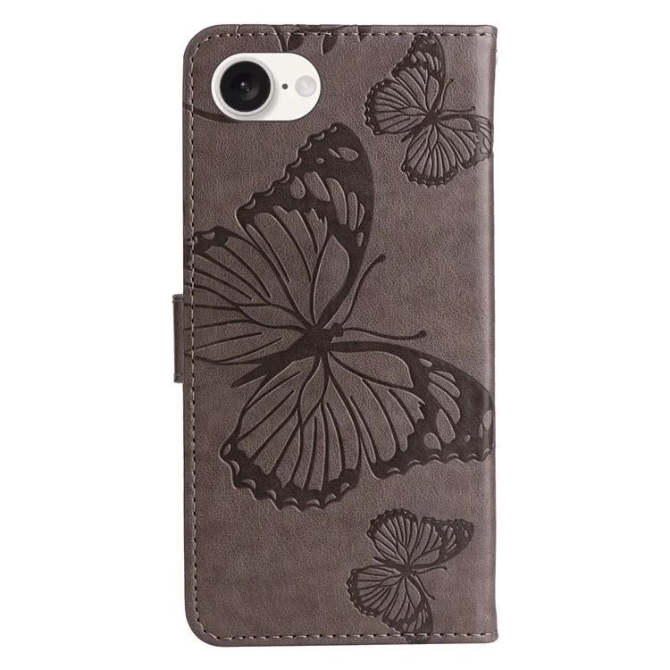 For iPhone 16e Wallet Case Floral Butterfly Imprinted Leather Phone Cover Stand - Grey