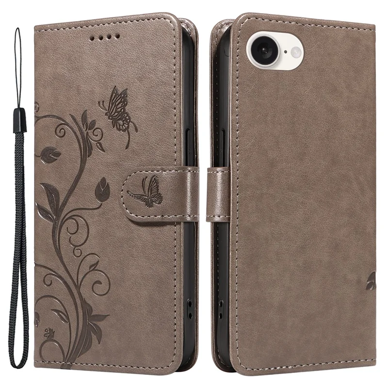For iPhone 16e PU Leather Cases Flower Pattern Wallet Stand Phone Cover with Strap - Grey