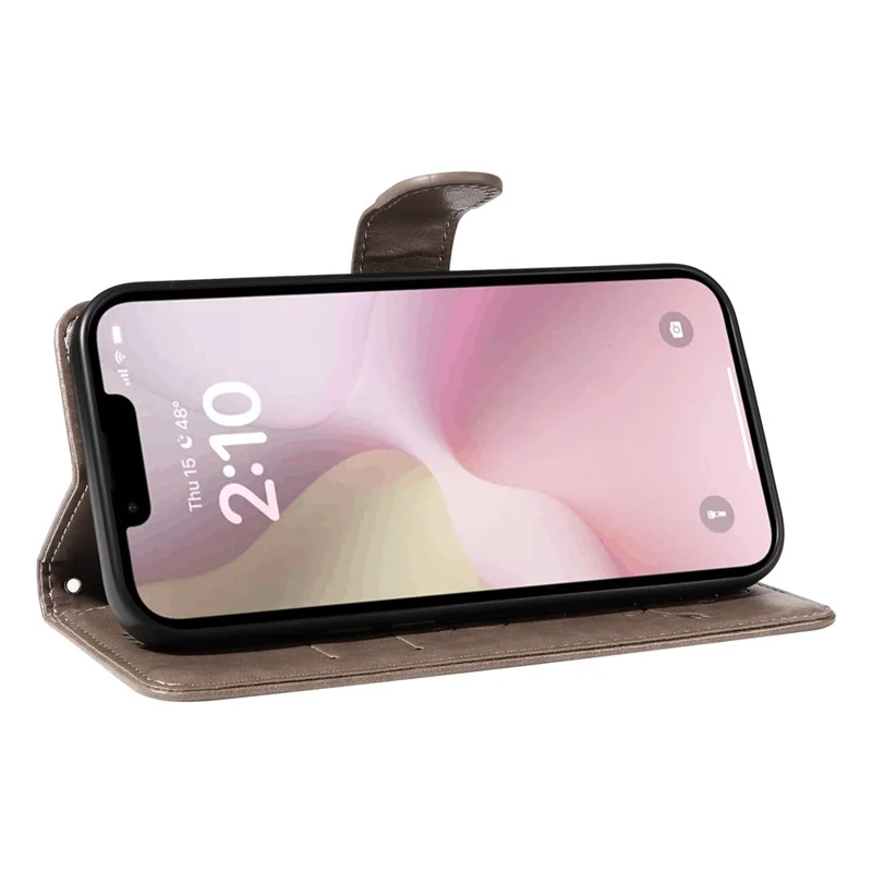 For iPhone 16e PU Leather Cases Flower Pattern Wallet Stand Phone Cover with Strap - Grey