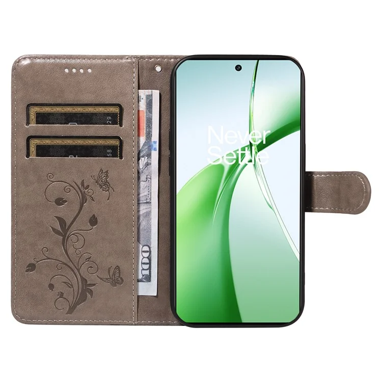 For OnePlus Nord CE4 5G PU Leather Cases Flower Pattern Wallet Stand Phone Cover with Strap - Grey