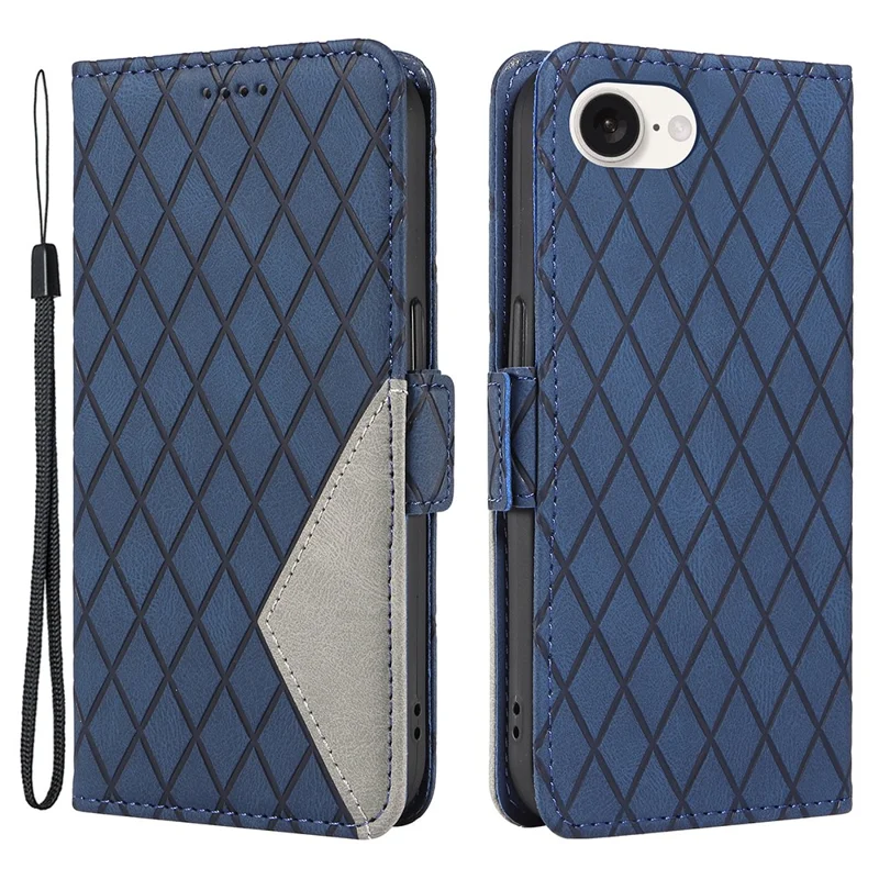 For iPhone 17e / 16e Wallet Case Rhombus Grid Leather Shockproof Phone Cover - Blue