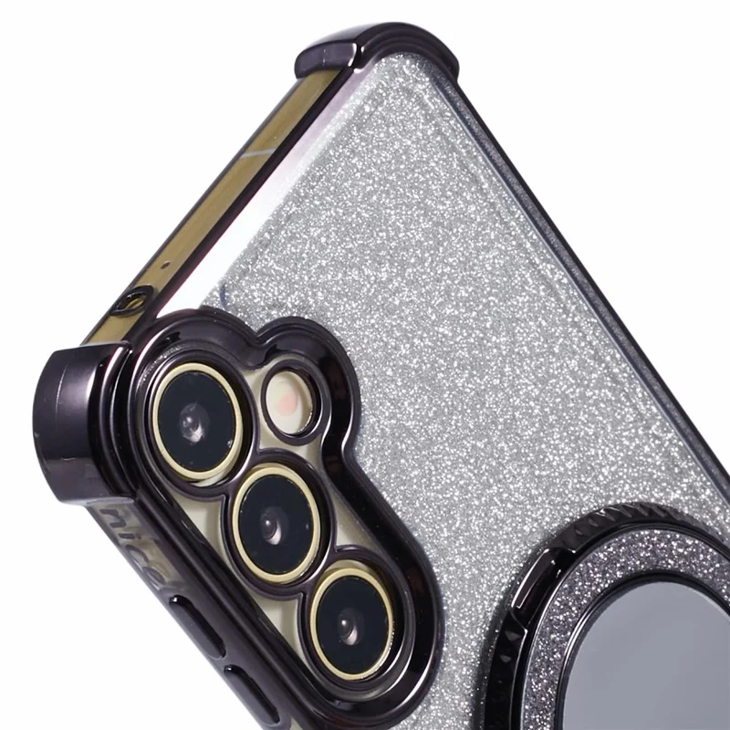 For Samsung Galaxy A15 5G Case TPU Glitter Phone Cover with Kickstand and Mirror - Black