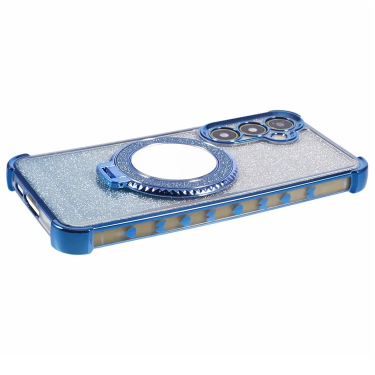 For Samsung Galaxy A15 5G Case TPU Glitter Phone Cover with Kickstand and Mirror - Blue