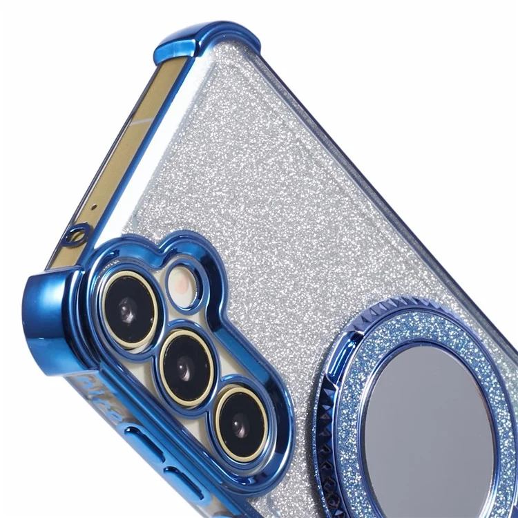For Samsung Galaxy A15 5G Case TPU Glitter Phone Cover with Kickstand and Mirror - Blue