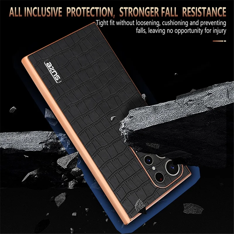 AZNS Für Samsung Galaxy S22 Ultra 5G Case Krokodil-Muster Galvanisiertes Leder+TPU Handyhülle - Schwarz