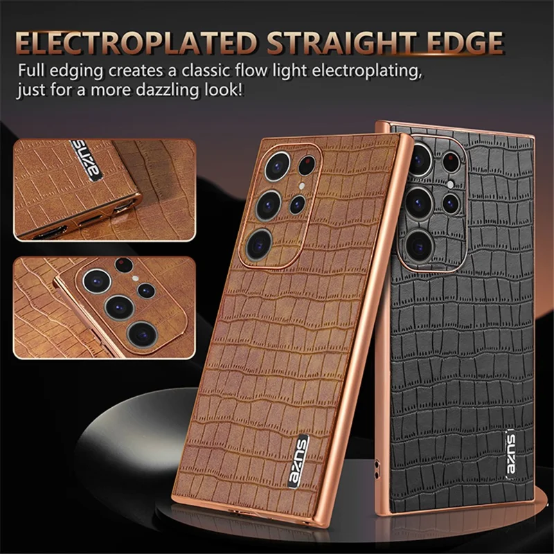 AZNS Per Samsung Galaxy S23 Ultra Case Elettroplaccato Texture in Pelle di Coccodrillo + TPU Custodia per Cellulare - Nero