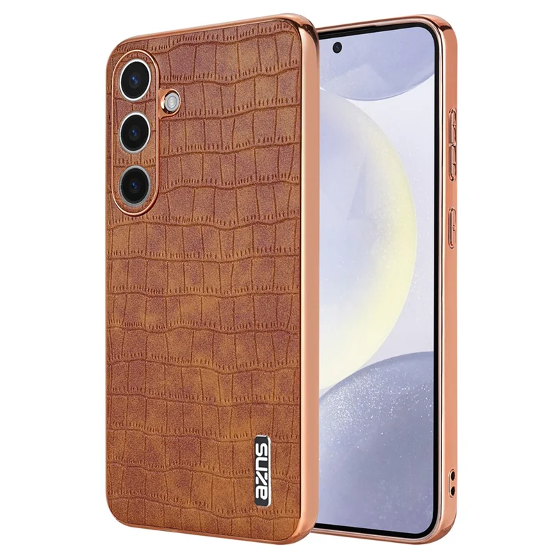 AZNS For Samsung Galaxy S24 Case Electroplating Crocodile Texture PU+TPU Anti-Drop Phone Cover - Brown