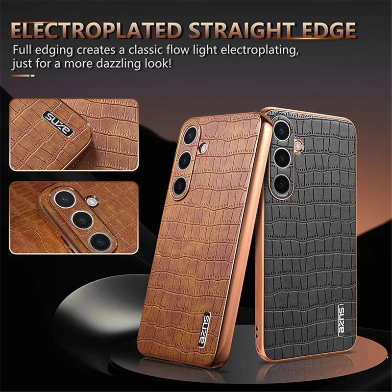 AZNS For Samsung Galaxy S24 Case Electroplating Crocodile Texture PU+TPU Anti-Drop Phone Cover - Brown
