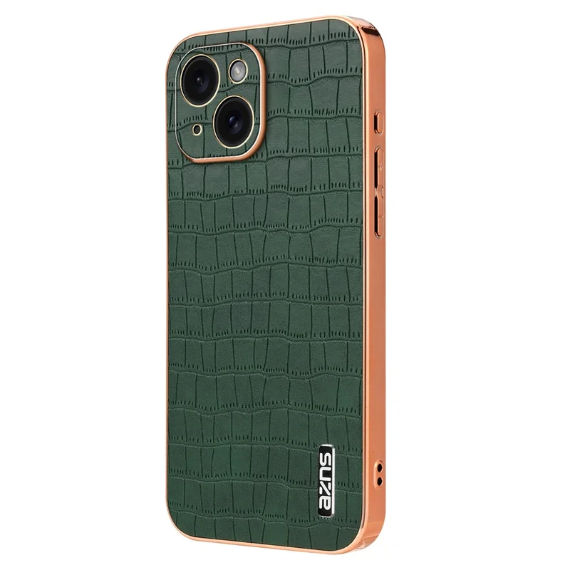 AZNS For iPhone 15 Plus Case Electroplating Frame Leather Back Cover Crocodile Pattern - Green