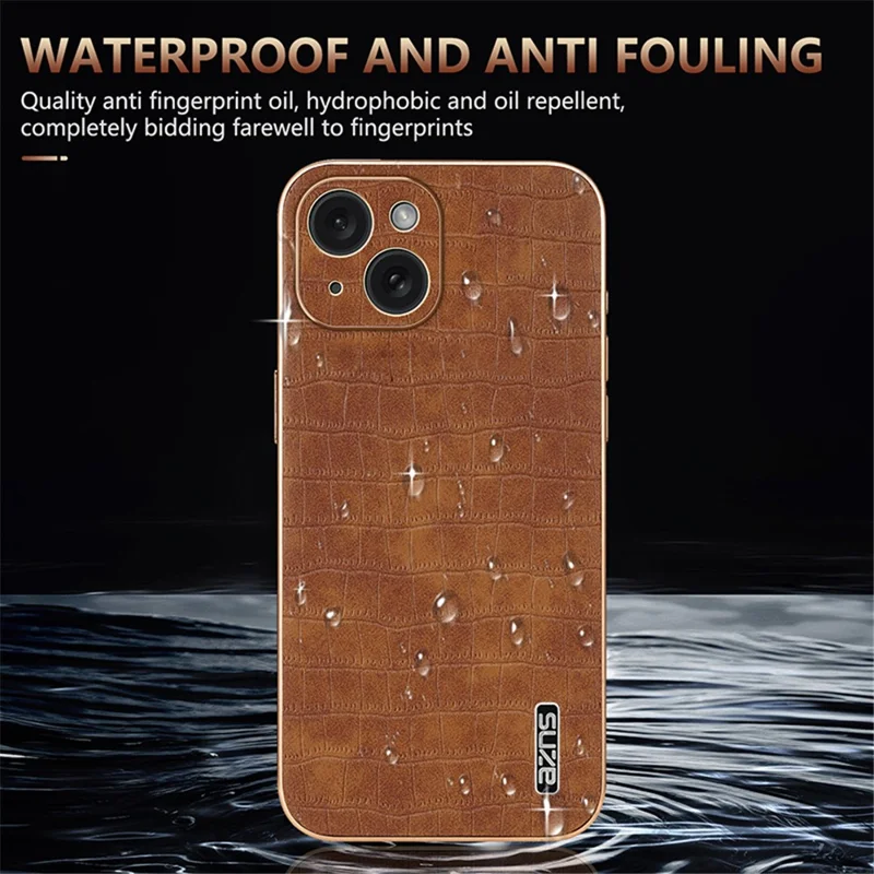 AZNS For iPhone 15 Plus Case Electroplating Frame Leather Back Cover Crocodile Pattern - Green
