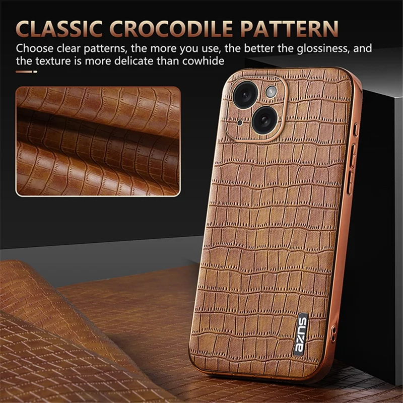 AZNS For iPhone 15 Plus Case Electroplating Frame Leather Back Cover Crocodile Pattern - Blue