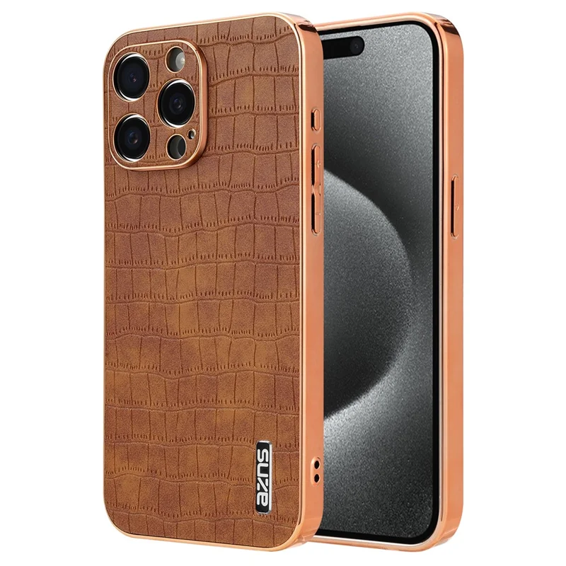 AZNS For iPhone 15 Pro Max Shockproof Case Crocodile Texture PU+TPU Slim Phone Cover - Brown