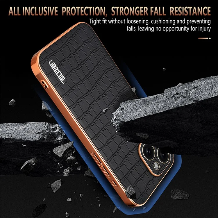 AZNS Para Funda iPhone 15 Textura de Cocodrilo a Prueba de Caídas Recubierta de Cuero de TPU Funda de Teléfono - Marrón