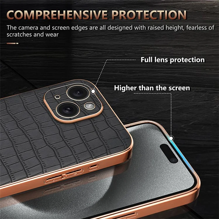 AZNS Para Funda iPhone 15 Textura de Cocodrilo a Prueba de Caídas Recubierta de Cuero de TPU Funda de Teléfono - Marrón