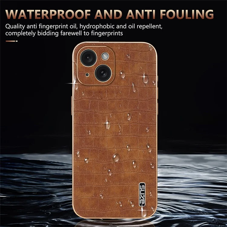 AZNS Para Funda iPhone 15 Textura de Cocodrilo a Prueba de Caídas Recubierta de Cuero de TPU Funda de Teléfono - Marrón