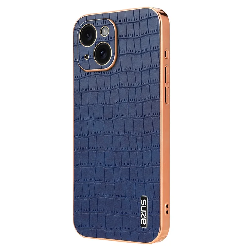AZNS For iPhone 14 Case Crocodile Texture PU+TPU Electroplating Anti-fall Phone Cover - Blue
