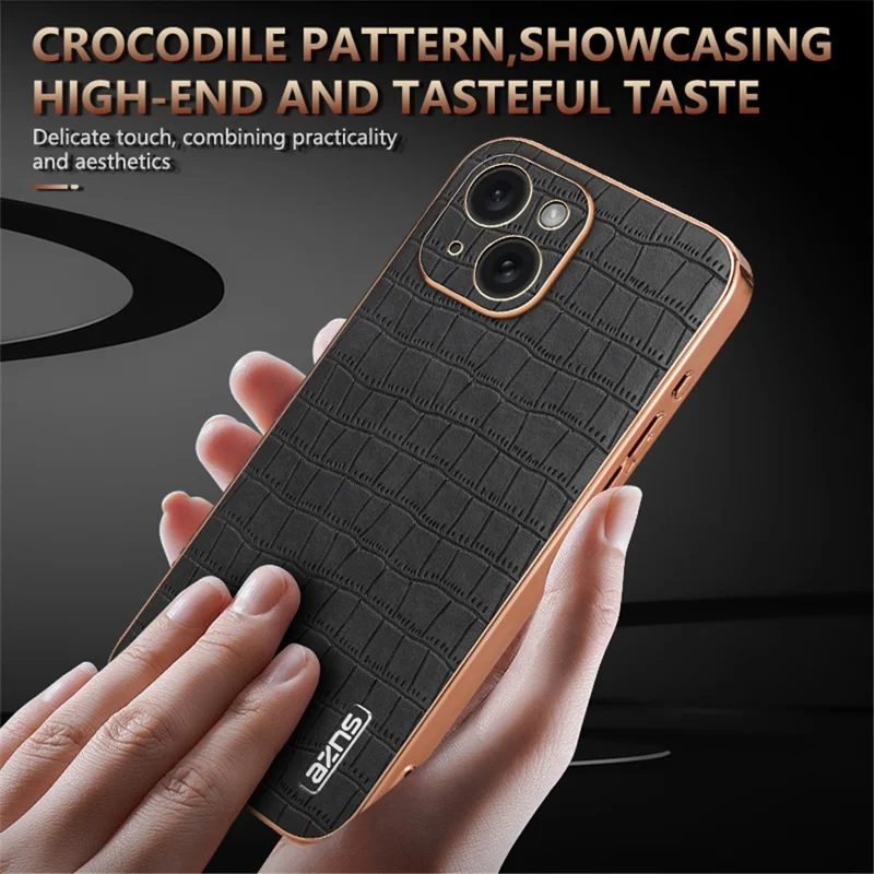 AZNS For iPhone 14 Case Crocodile Texture PU+TPU Electroplating Anti-fall Phone Cover - Blue