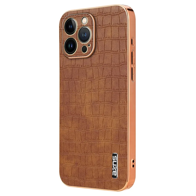 AZNS For iPhone 13 Pro Max Case Crocodile Texture Electroplating PU+TPU Phone Cover - Brown