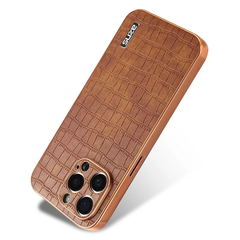 AZNS For iPhone 13 Pro Max Case Crocodile Texture Electroplating PU+TPU Phone Cover - Brown