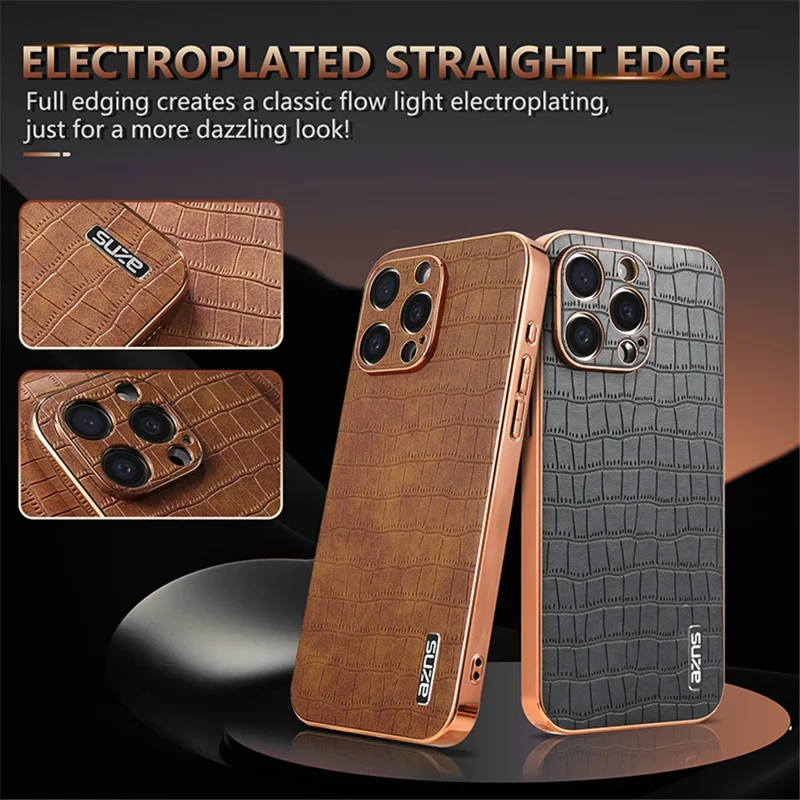 AZNS For iPhone 13 Pro Max Case Crocodile Texture Electroplating PU+TPU Phone Cover - Brown