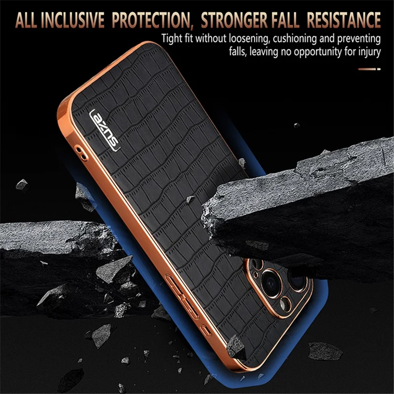 AZNS For iPhone 13 Pro Max Case Crocodile Texture Electroplating PU+TPU Phone Cover - Brown