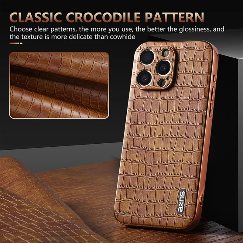 AZNS For iPhone 13 Pro Max Case Crocodile Texture Electroplating PU+TPU Phone Cover - Brown