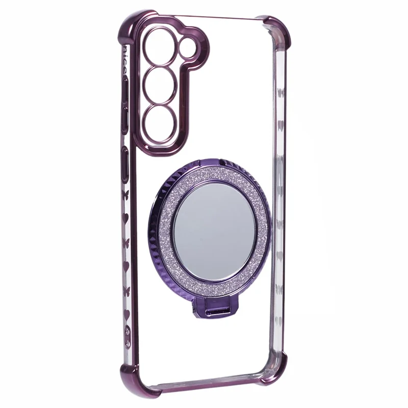 For Samsung Galaxy S22+ 5G Side Heart Pattern Case Kickstand TPU Phone Cover with Mirror - Dark Purple