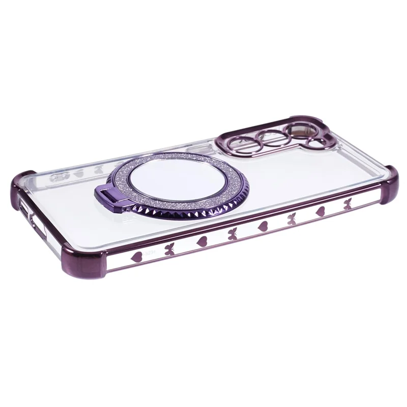 For Samsung Galaxy S22+ 5G Side Heart Pattern Case Kickstand TPU Phone Cover with Mirror - Dark Purple