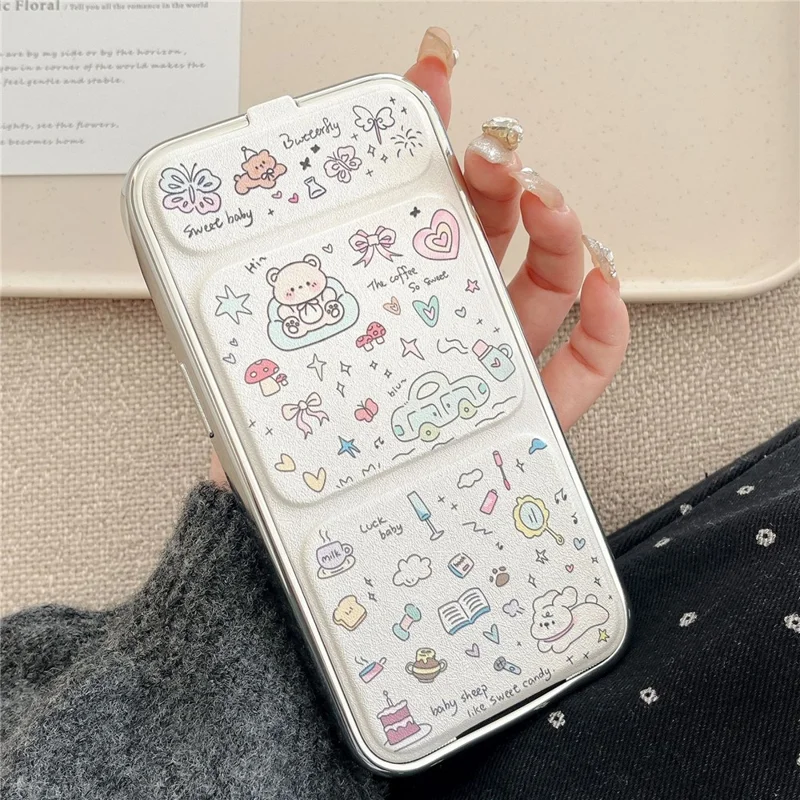 For iPhone 12 / 12 Pro Kickstand Cover Animal Design Leather+TPU Electroplating Phone Case - Graffiti Bear