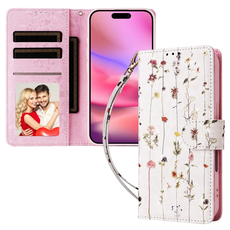 Capa para iPhone 16 RFID Blocking Wallet Lacquered Design Mobile Phone Cover - Small Flower