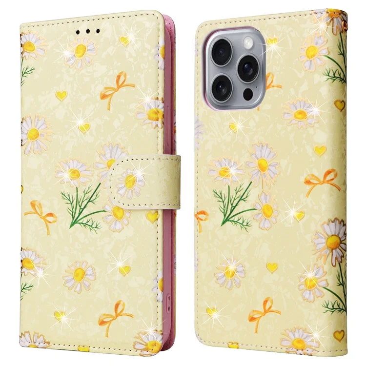 Per iPhone 16 Pro Max Custodia per cellulare Lacquered RFID Blocking PU Leather Cover - Yellow Daisy