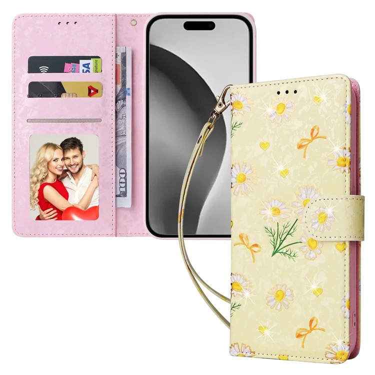 Per iPhone 16 Pro Max Custodia per cellulare Lacquered RFID Blocking PU Leather Cover - Yellow Daisy