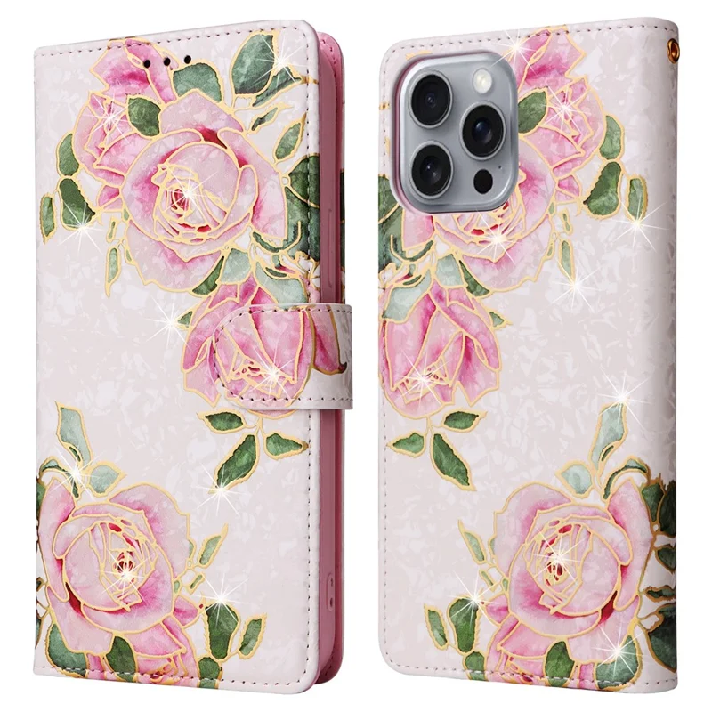 For iPhone 16 Pro Max Cell Phone Case Lacquered RFID Blocking PU Leather Cover - Flower