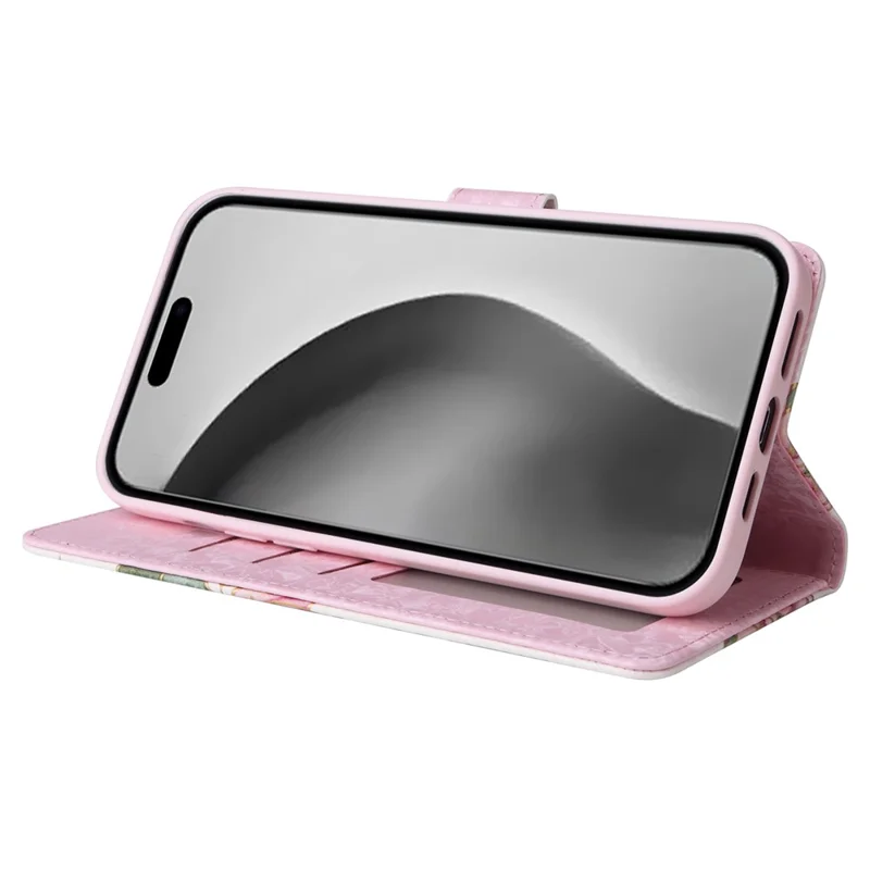 For iPhone 16 Pro Max Cell Phone Case Lacquered RFID Blocking PU Leather Cover - Flower