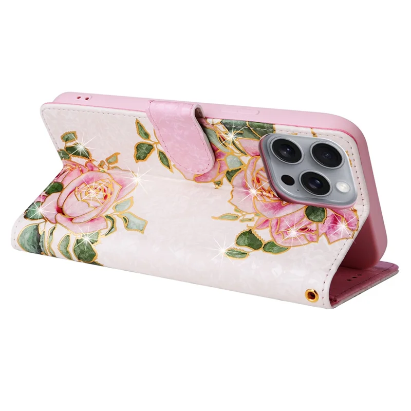 For iPhone 16 Pro Max Cell Phone Case Lacquered RFID Blocking PU Leather Cover - Flower
