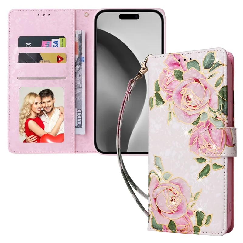 For iPhone 16 Pro Max Cell Phone Case Lacquered RFID Blocking PU Leather Cover - Flower