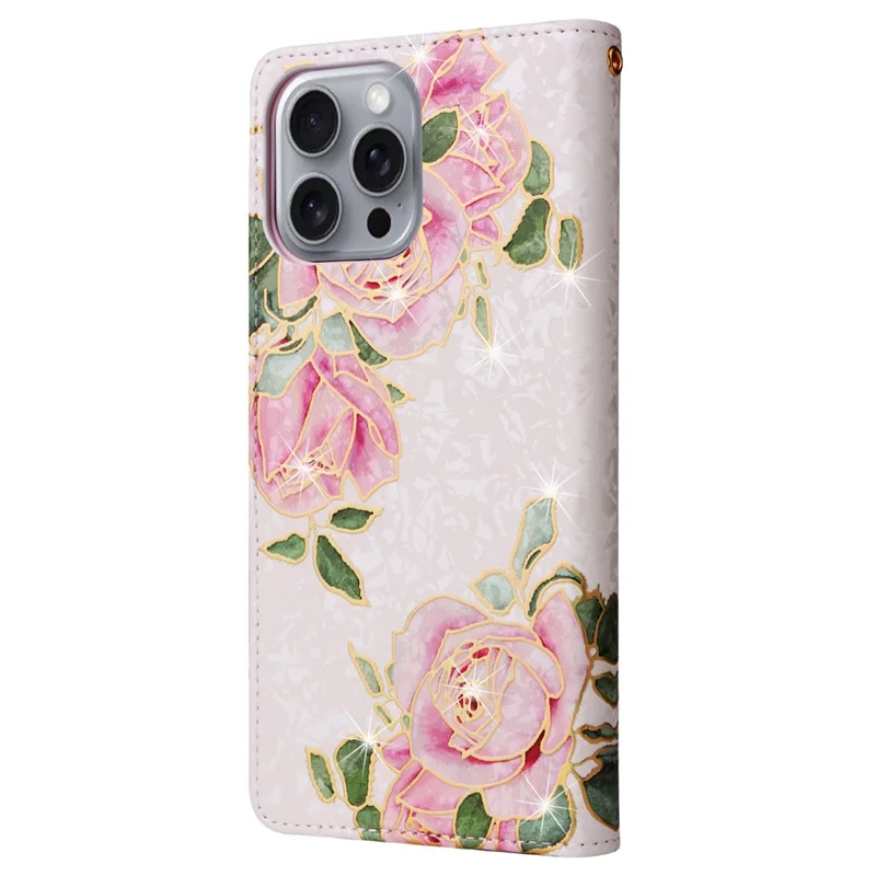 For iPhone 16 Pro Max Cell Phone Case Lacquered RFID Blocking PU Leather Cover - Flower
