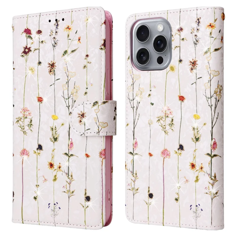 For iPhone 16 Pro Max Cell Phone Case Lacquered RFID Blocking PU Leather Cover - Small Flower