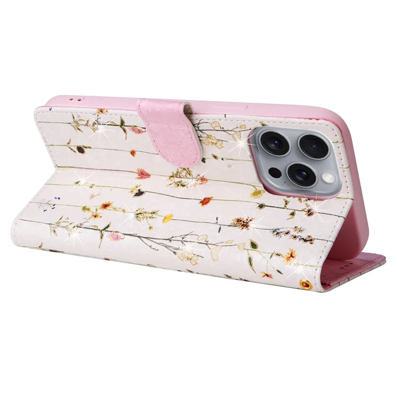 For iPhone 16 Pro Max Cell Phone Case Lacquered RFID Blocking PU Leather Cover - Small Flower