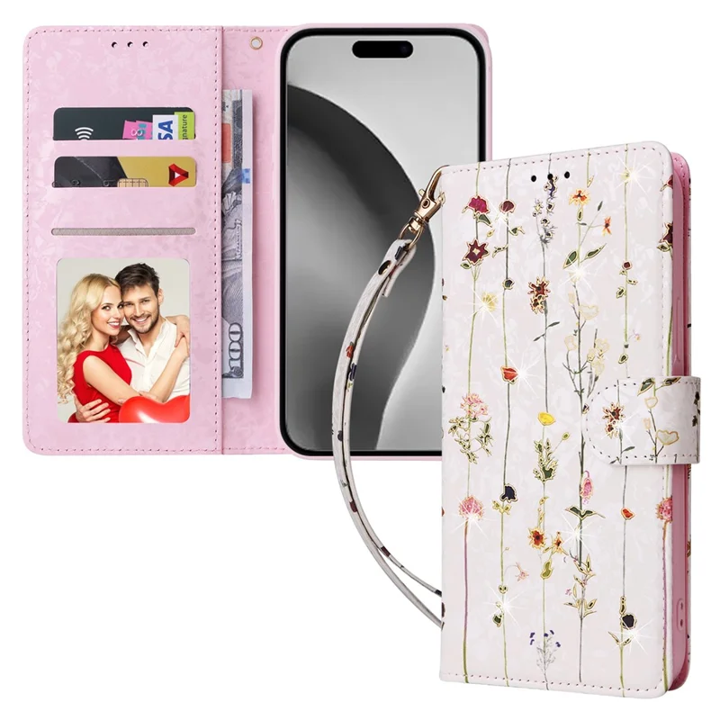 For iPhone 16 Pro Max Cell Phone Case Lacquered RFID Blocking PU Leather Cover - Small Flower