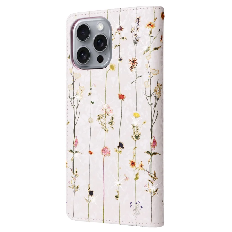 For iPhone 16 Pro Max Cell Phone Case Lacquered RFID Blocking PU Leather Cover - Small Flower