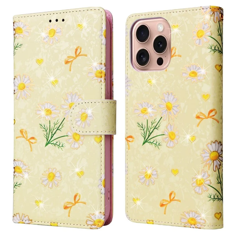 Per iPhone 16 Pro Case Lacquered RFID Blocking Wallet PU Leather Stand Phone Cover - Yellow Daisy