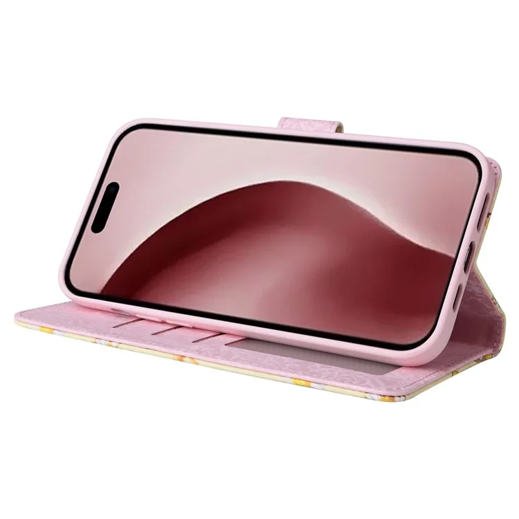 Per iPhone 16 Pro Case Lacquered RFID Blocking Wallet PU Leather Stand Phone Cover - Yellow Daisy