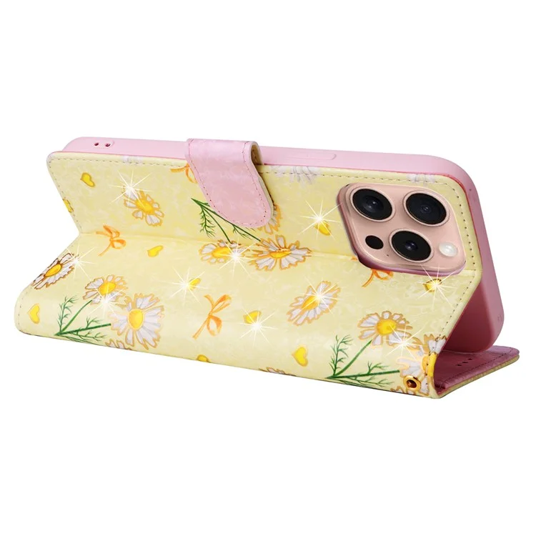 Per iPhone 16 Pro Case Lacquered RFID Blocking Wallet PU Leather Stand Phone Cover - Yellow Daisy