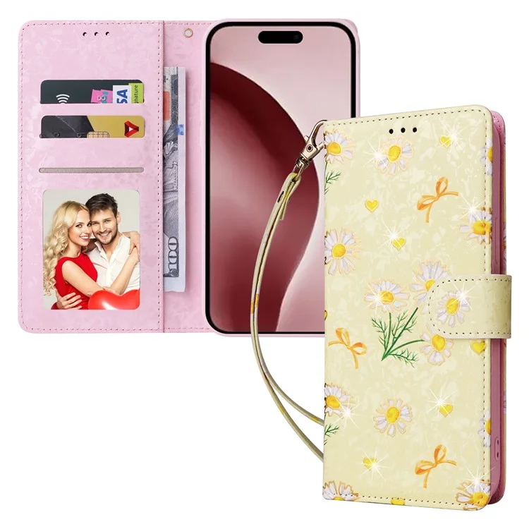 Per iPhone 16 Pro Case Lacquered RFID Blocking Wallet PU Leather Stand Phone Cover - Yellow Daisy