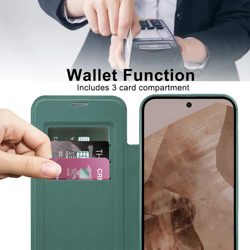 For Google Pixel 8a Magnetic Case RFID Blocking Card Holder Phone Cover - Blackish Green