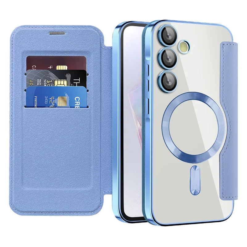 Para Samsung Galaxy A35 5G Case Electroplating RFID Blocking Card Slots Magnetic Phone Cover - Blue