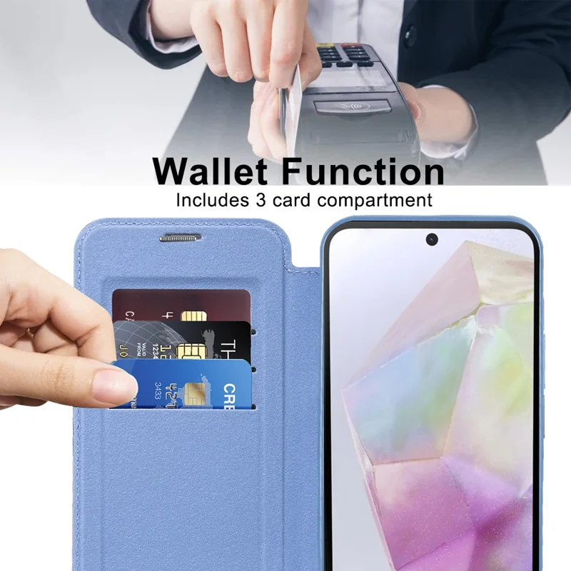 Para Samsung Galaxy A35 5G Case Electroplating RFID Blocking Card Slots Magnetic Phone Cover - Blue