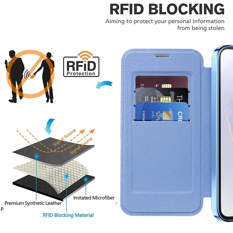 Para Samsung Galaxy A35 5G Case Electroplating RFID Blocking Card Slots Magnetic Phone Cover - Blue
