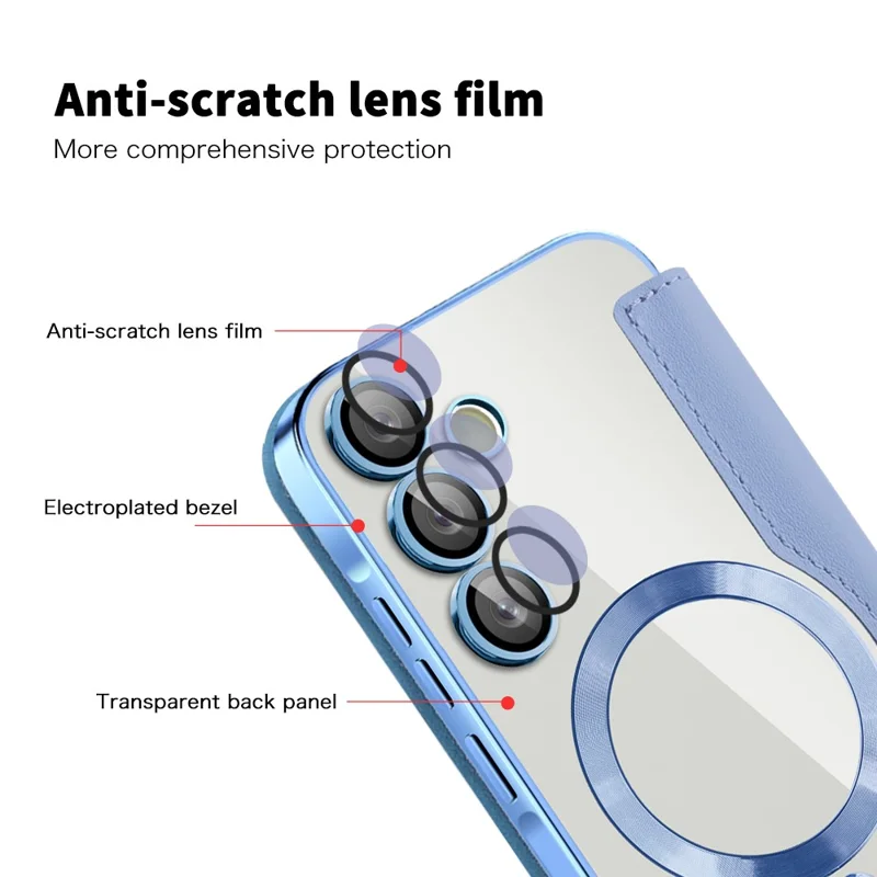 Para Samsung Galaxy A35 5G Case Electroplating RFID Blocking Card Slots Magnetic Phone Cover - Blue